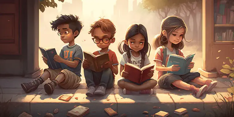 Four diverse children sitting together reading their books in warm sunlight