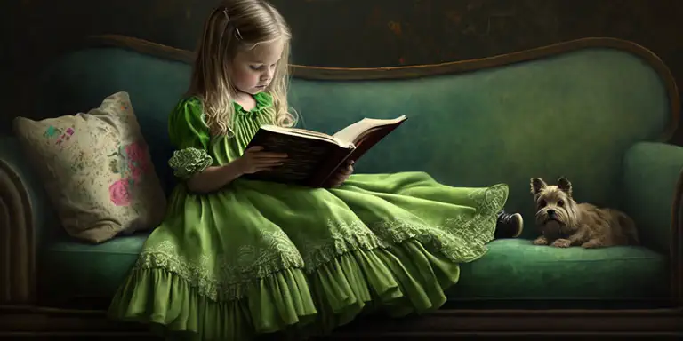 Girl in green dress reading a book on an antique sofa with her small dog beside her